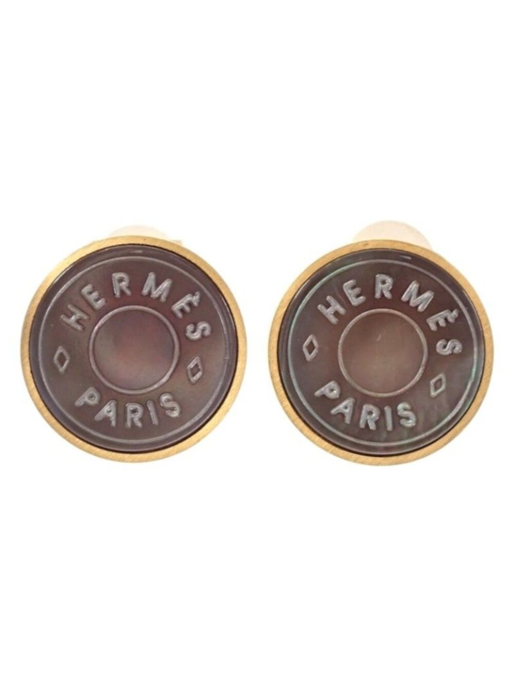 Hermes Sellier Vintage Earrings Metal Gray Shell Gold